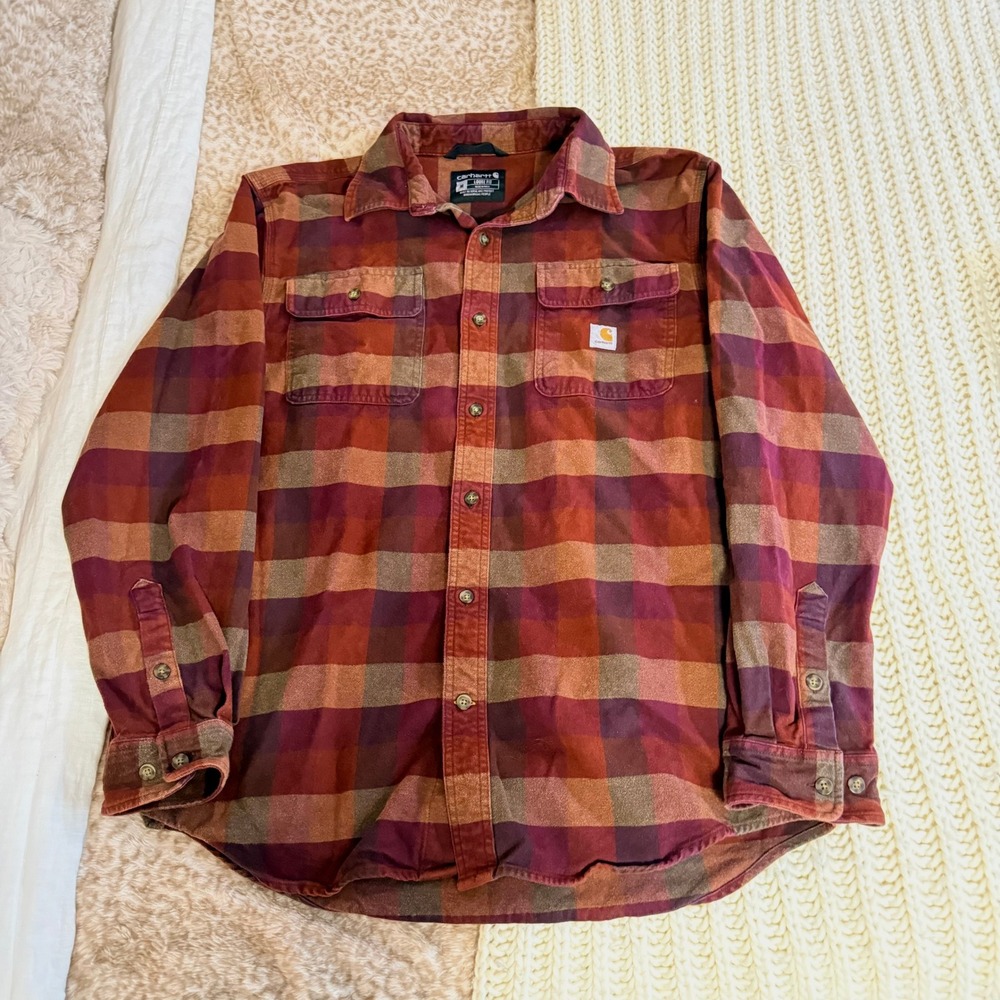 Carhartt Mens Loose Fit Plaid Flannel Button Down Shirt Red Brown Medium 105078